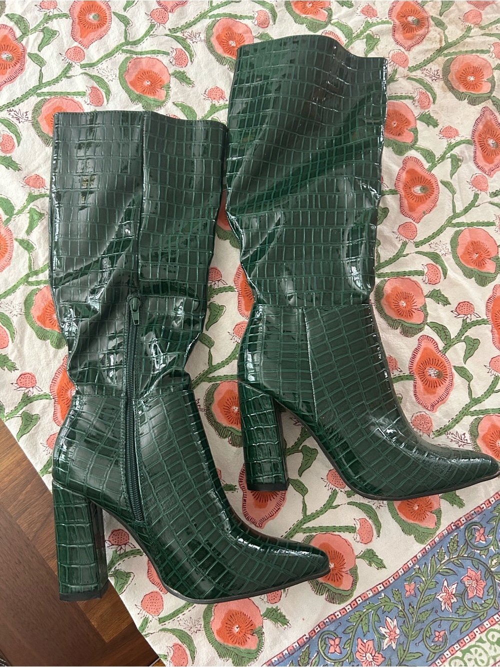 SHEIN Dark Green Croc Embossed Knee High Block Heel Boots EU 37 Y2K